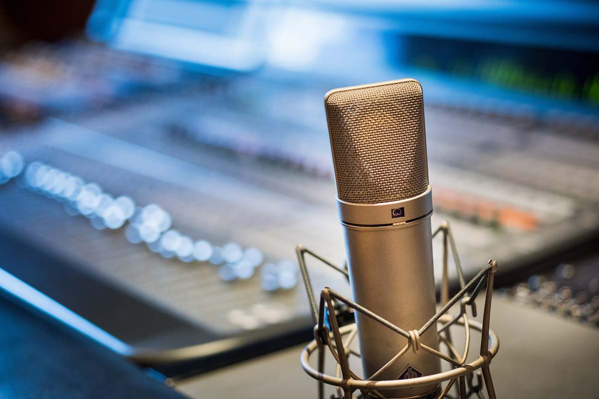 mixing console silver microphone near audio mixer voice